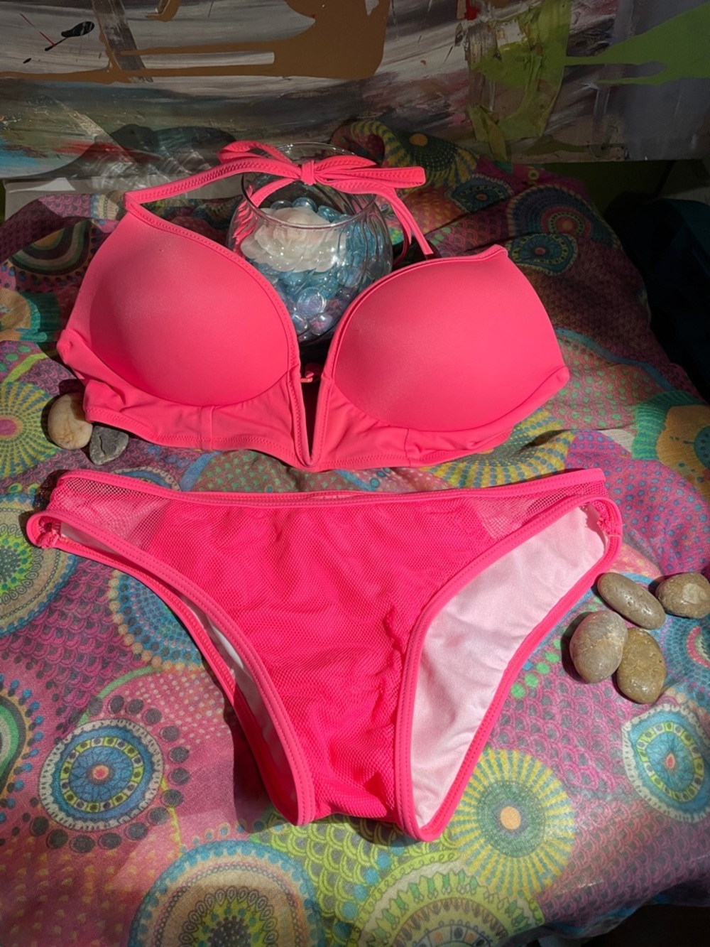 PINK Victoria's Secret Hot Pink Push-Up M Halter Bikini Set Bottom L